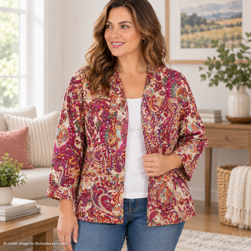 Chicos Jacket 2/Large Pink Floral Paisley Ruffle Open Front Pockets Linen Career